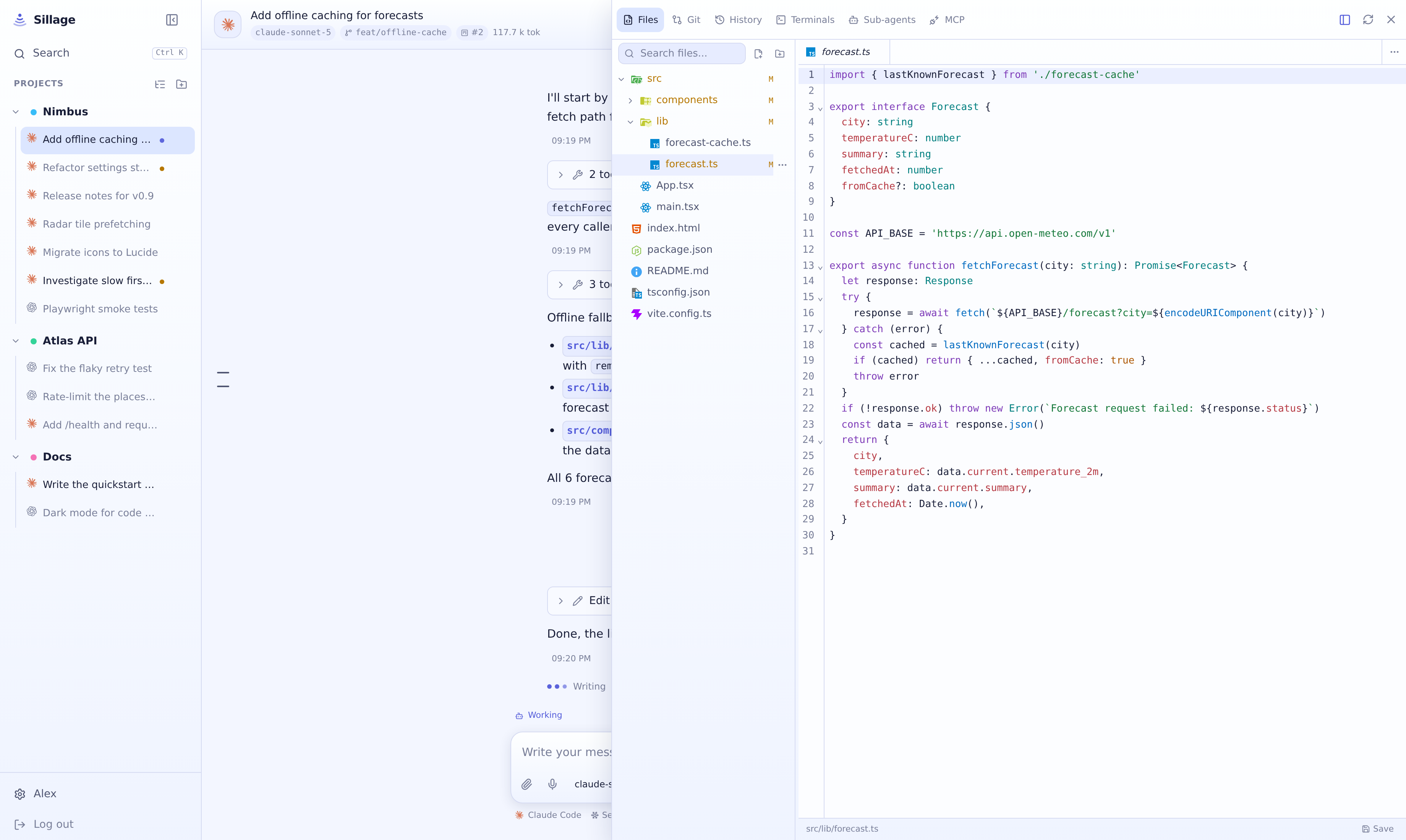 The file explorer and editor open beside a conversation