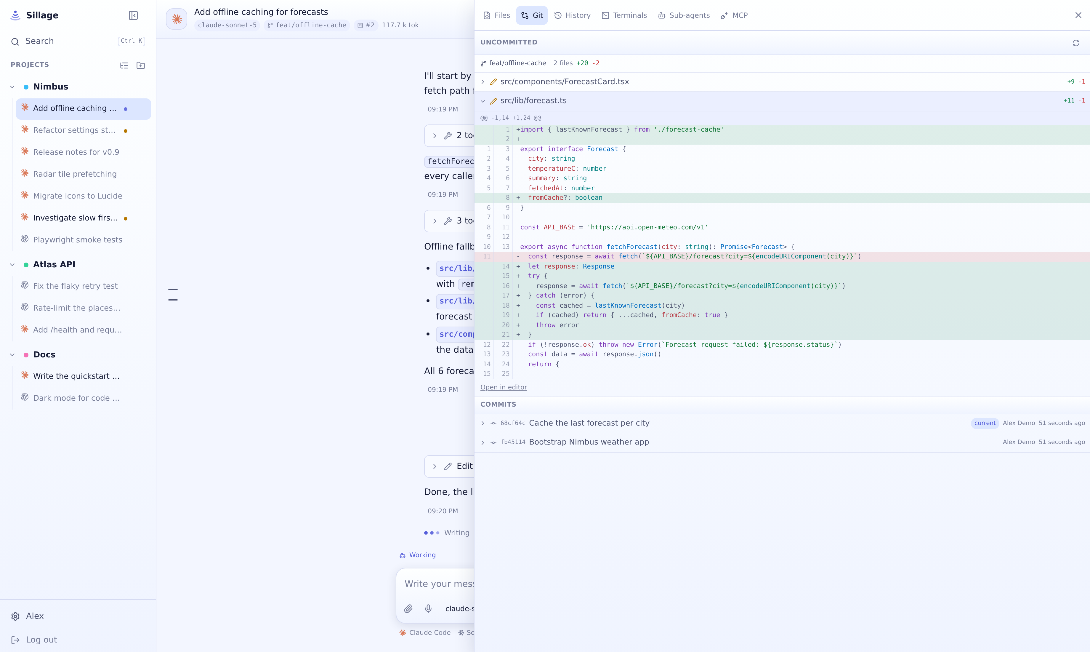 The Git panel open beside a conversation, showing uncommitted changes and an expanded diff