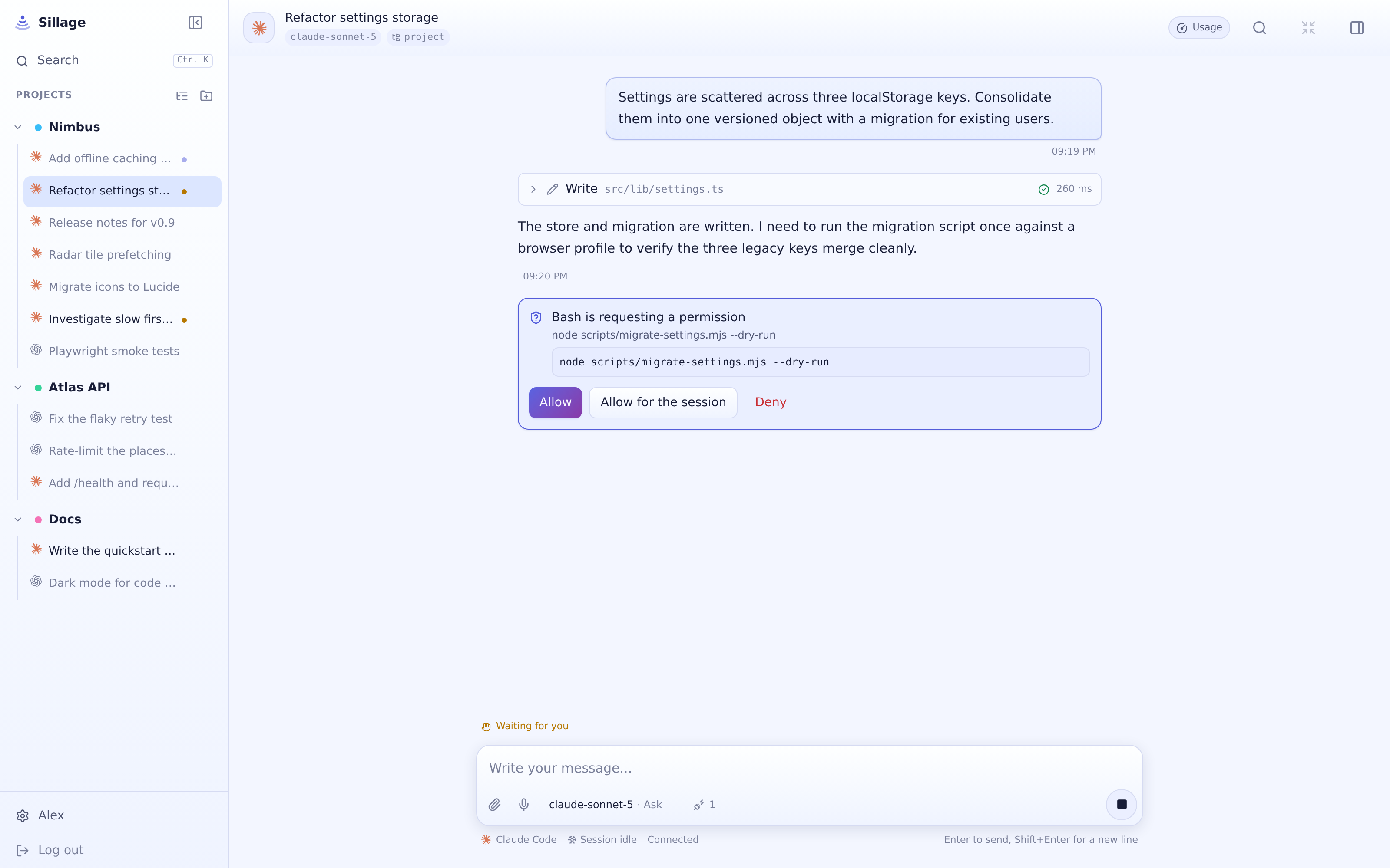 A pending permission request with Allow and Deny buttons