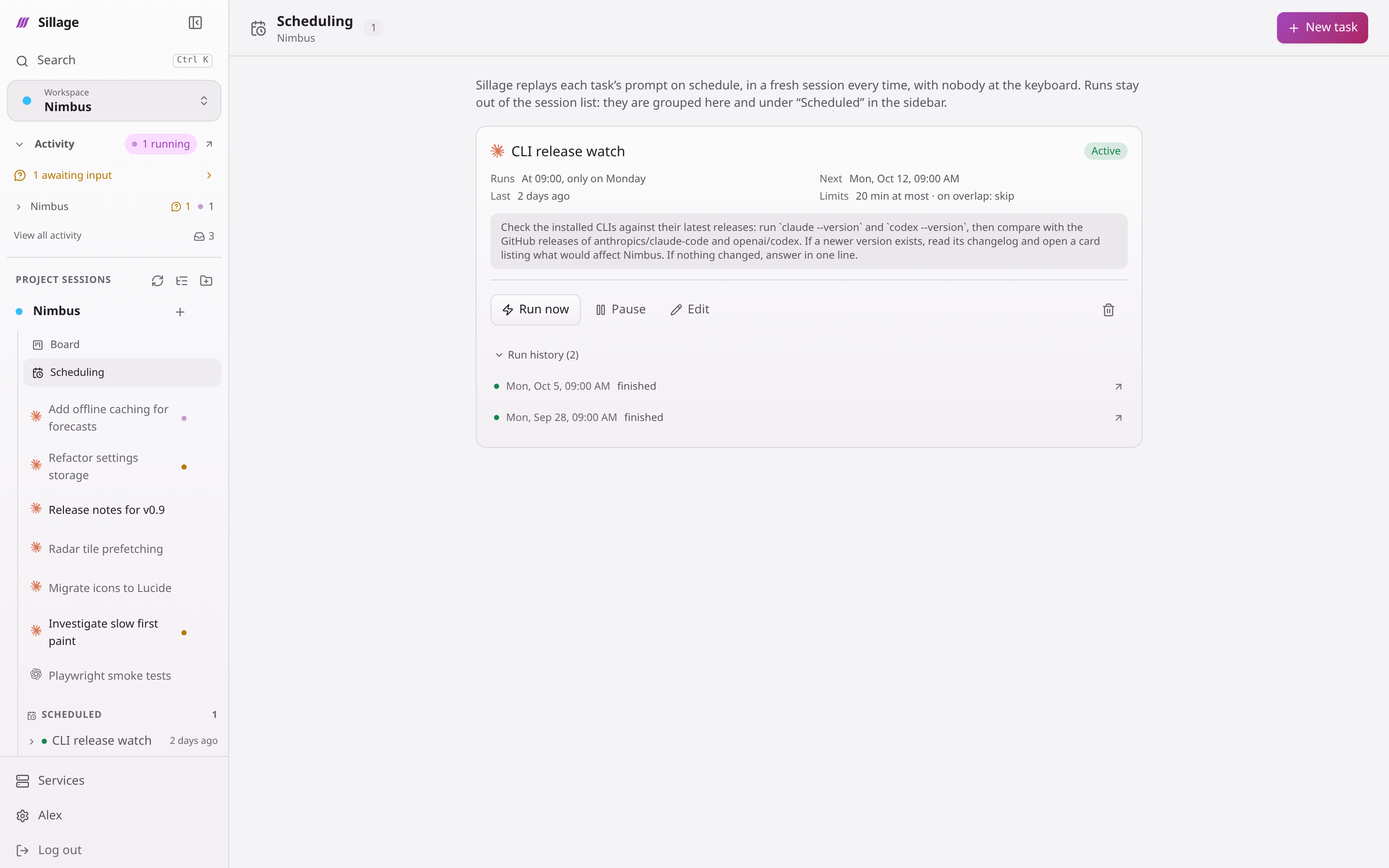 Sillage scheduling page, with a weekly task, its next run and the history of past runs