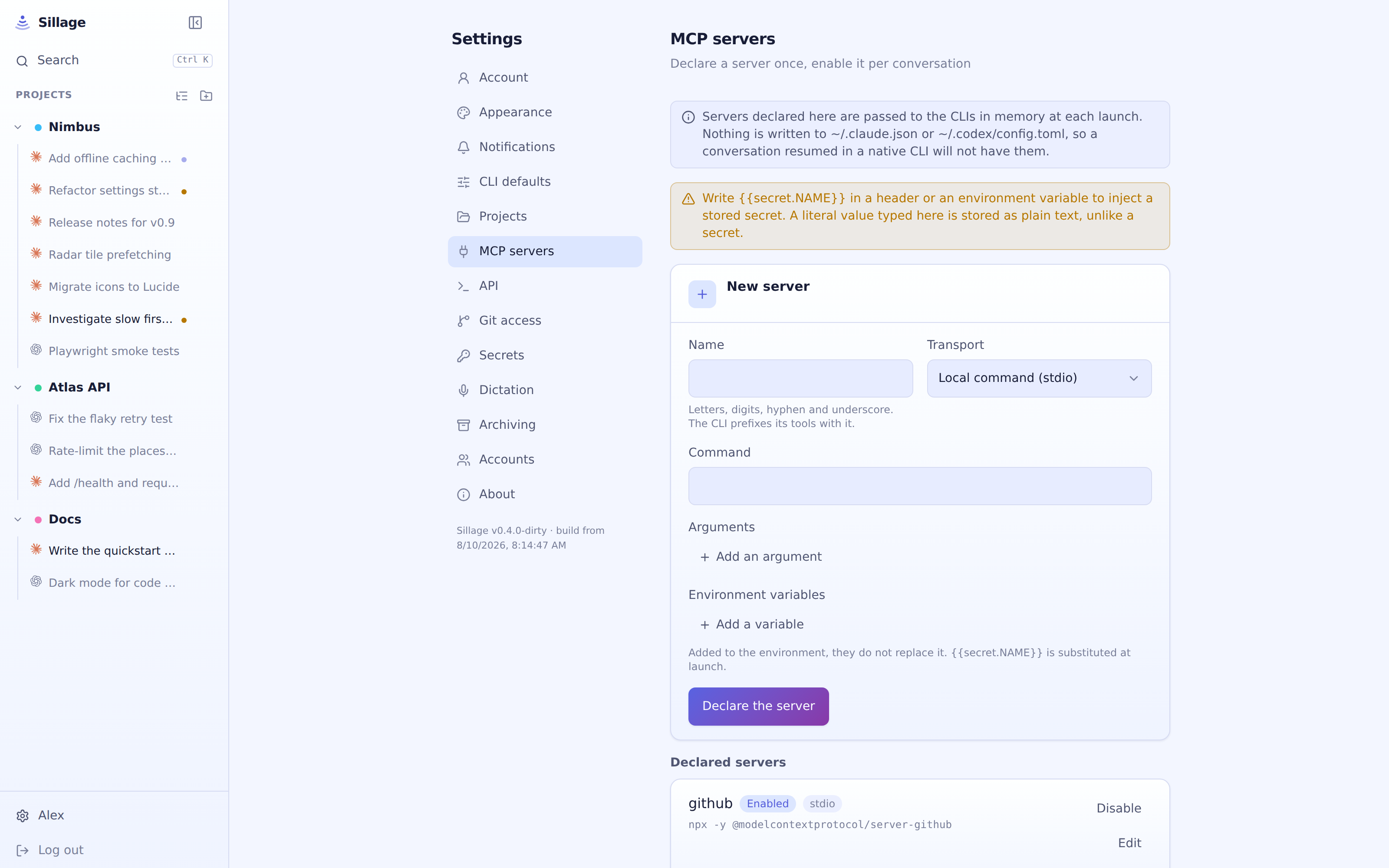 The MCP settings screen listing configured servers